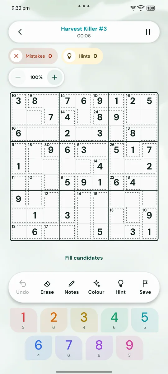 A Killer Sudoku board in Ninebloom with cage sums